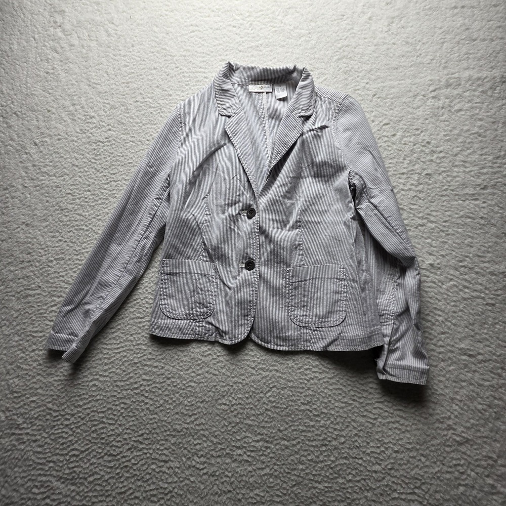 Preswick & Moore Blazer Jacket Womens Petite PM Blue Stripe Button Front Pockets